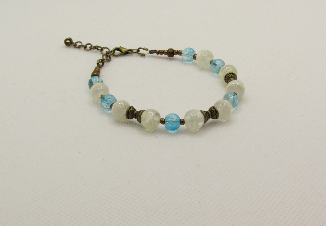 Translucent White and Blue Glass Bead Bracelet with Bronze Accents