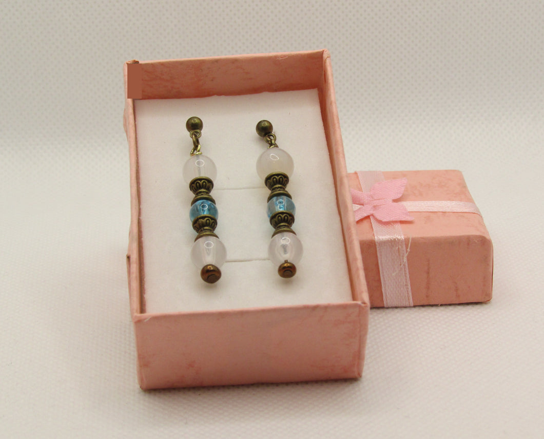 Translucent White and Blue Earrings with Bronze Accents