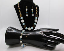 Load image into Gallery viewer, Translucent White and Blue Glass Bead Bracelet with Bronze Accents
