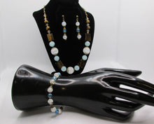 Load image into Gallery viewer, Translucent White and Blue Glass Bead Bracelet with Bronze Accents