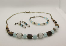 Load image into Gallery viewer, Frosty White, Cloudy Blue and Tiger Eye Necklace with Bronze Accents