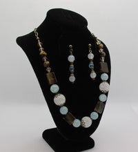 Load image into Gallery viewer, Frosty White, Cloudy Blue and Tiger Eye Necklace with Bronze Accents
