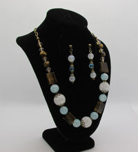 Load image into Gallery viewer, Frosty White, Cloudy Blue and Tiger Eye Necklace with Bronze Accents