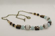 Load image into Gallery viewer, Frosty White, Cloudy Blue and Tiger Eye Necklace with Bronze Accents