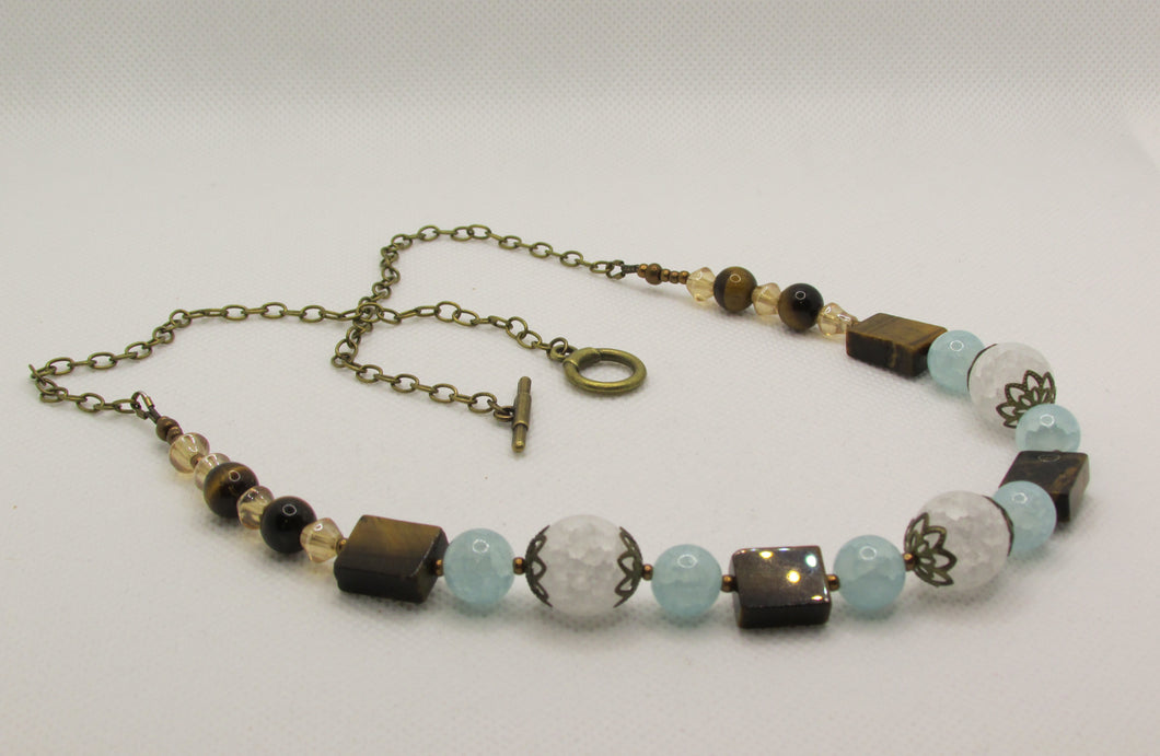 Frosty White, Cloudy Blue and Tiger Eye Necklace with Bronze Accents